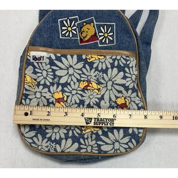 Vintage 90’s Winnie The Pooh Denim Jean Mini Backpack Bag Embroidered Accents - Picture 2 of 9